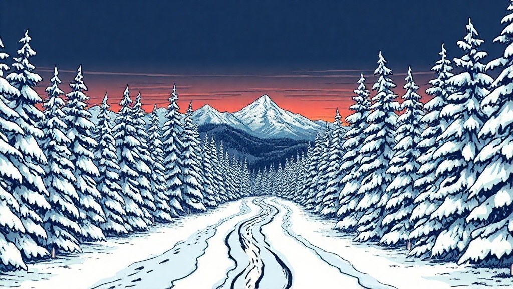 Snowy mountain trail at dawn